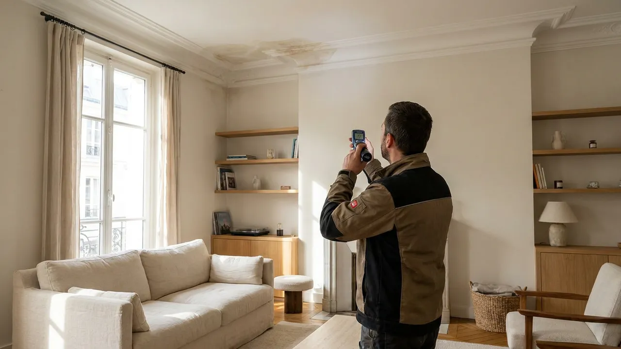 Inspection d'un plafond marqué par un dégât des eaux dans un appartement de Corbeil-Essonnes