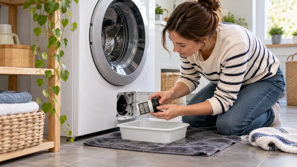 Nettoyage du filtre de vidange d'un lave-linge à hublot, l'eau s'égouttant dans un bac à Corbeil-Essonnes