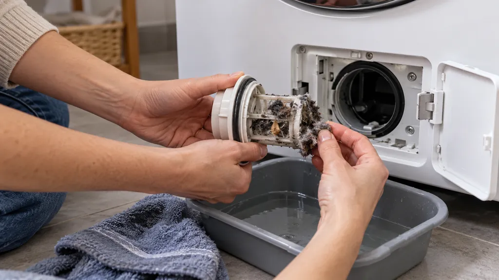 Filtre de pompe de lave-linge encombré de peluches et de cheveux, nettoyé à la main à Corbeil-Essonnes
